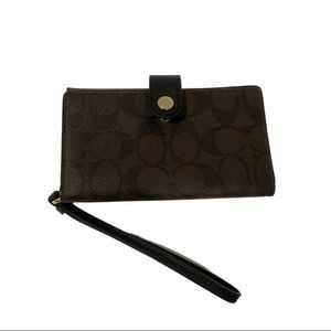 Coach Black and Brown C Logo Leather Wristlet with Card Holders and Phone Holder